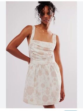 Free People Cream and Blush Floral Square-Neck Mini Dress